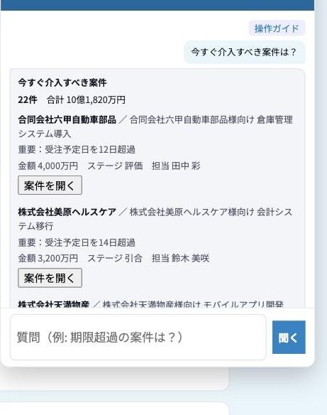 COMPASに聞くに「今すぐ介入すべき案件は？」と入力した画面。22件と合計金額、案件ごとに受注予定日の超過日数・金額・ステージ・担当と「案件を開く」ボタン